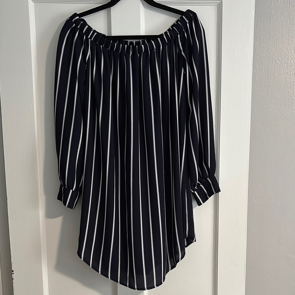 Navy Striped Off-Shoulder Women's Dress